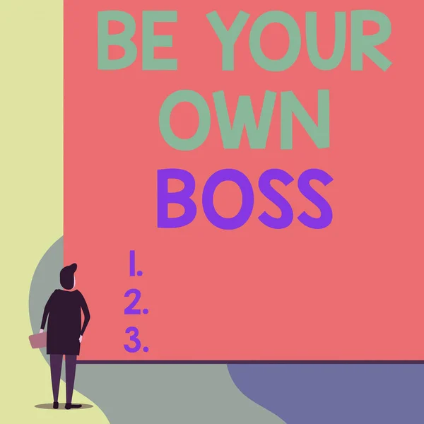Piszę notatkę "Be Your Own Boss". Biznes photo showcasing przedsiębiorczość Start biznes Niepodległość Samozatrudnieni Wróć podgląd młoda kobieta oglądająca pusty duży prostokąt. — Zdjęcie stockowe