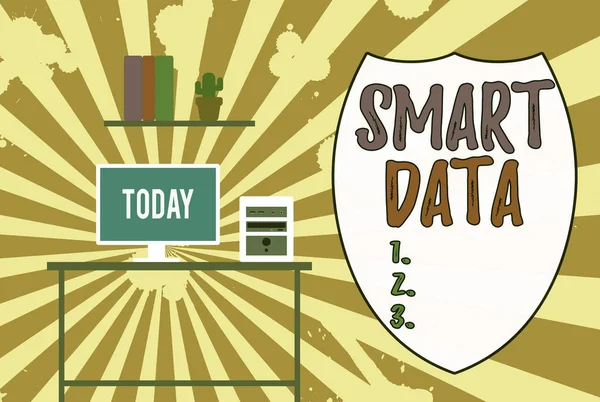 Kézírás sms Smart Data. Koncepció jelentése digitális információ, amely formázott további konszolidáció Asztali számítógép fa asztal háttér polc könyvek virágcserép díszek. — Stock Fotó