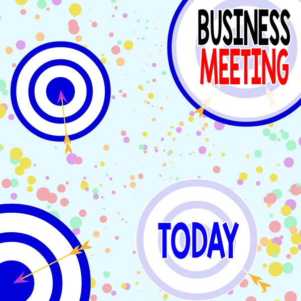 Handwriting text Business Meeting. Concept meaning gathering of two or more showing to discuss business ideas Arrow and round target inside asymmetrical shaped object multicolour design. — Stock Photo, Image