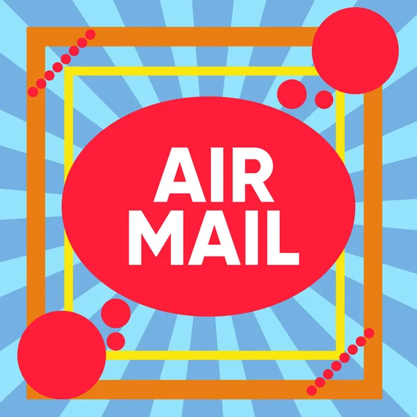 Skriva lapp som visar Air Mail. Affärsfoto visa upp påsar med bokstäver och paket som transporteras med flygplan Asymmetriskt format mönster objekt skissera flerfärgad design. — Stockfoto