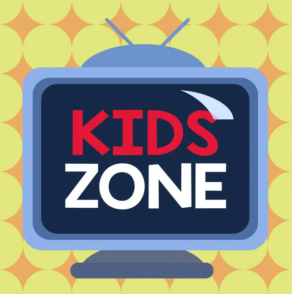 Konceptualny rękopis pokazujący Kids Zone. Biznes photo text Obszar lub region zaprojektowany, aby umożliwić dzieciom bawić się i cieszyć kwadratowy prostokąt nierealne drewno kreskówki na kolorowym ścianie. — Zdjęcie stockowe