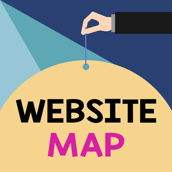 Writing note showing Website Map. Business photo showcasing designed to help both users and search engines navigate the site Male hand arm needle punching big blank balloon geometrical background. — Stock Photo, Image