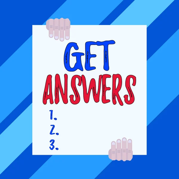 "Cevapları Al" ı gösteren kavramsal el yazısı. Birine soru sorulduğunda cevap alabilmek için iş fotoğraflarının sergilenmesi. İki el büyük boş dikdörtgen şeklinde dizayn edilmiş.. — Stok fotoğraf