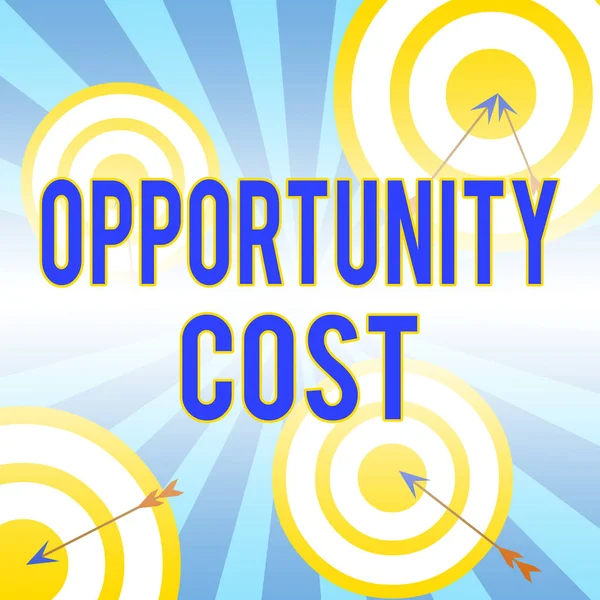 Writing note showing Opportunity Cost. Business photo showcasing the price of the next best thing you could have done Arrow and round target asymmetrical shape multicolour design. — ストック写真