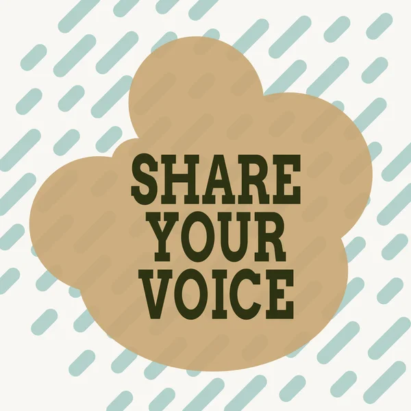 Fogalmi kézírás, a Share Your Voice felirattal. Üzleti fotó bemutatása arra kéri az alkalmazottat vagy tagot, hogy adja meg véleményét vagy javaslatát Tér téglalap papír lap terhelés tele minta téma. — Stock Fotó