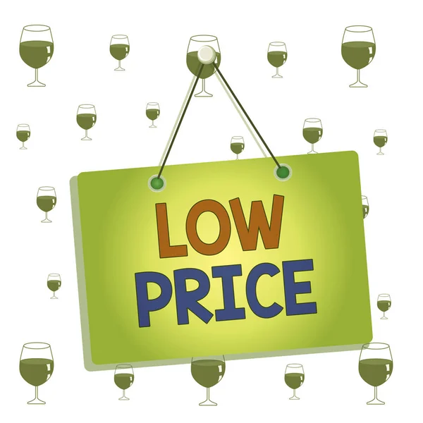 Text sign showing Low Price. Conceptual photo Price are the lowest in relation to other things of same kind Colored memo reminder empty board blank space attach background rectangle. — Stockfoto