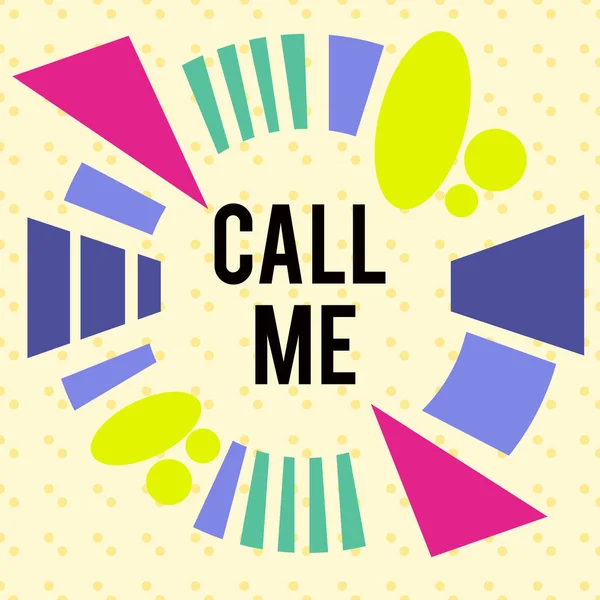 Writing note showing Call Me. Business photo showcasing Asking for communication by telephone to talk about something Asymmetrical format pattern object outline multicolor design. — Stockfoto