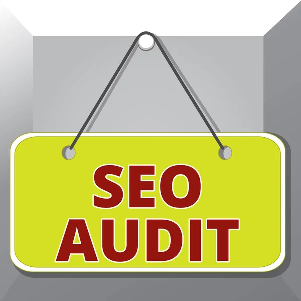 Escritura manual conceptual que muestra Seo Audit. Texto de la foto del negocio Motor de búsqueda Optimización validar y verificar proceso Memo recordatorio tablero vacío adjunto rectángulo de fondo . —  Fotos de Stock