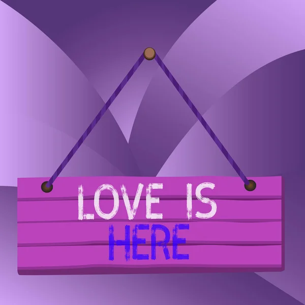 Handwriting text Love Is Here. Concept meaning Roanalysistic feeling Lovely emotion Positive Expression Care Joy Wood plank nail pin string board colorful background wooden panel fixed. — Stock Photo, Image