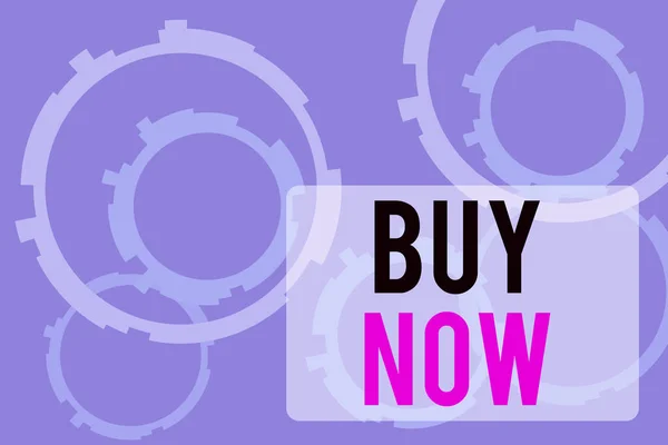 Text sign showing Buy Now. Conceptual photo asking someone to purchase your product Provide good Discount Abstract Texture background with gears plain color behind. Gradient Pattern. — Stock Photo, Image