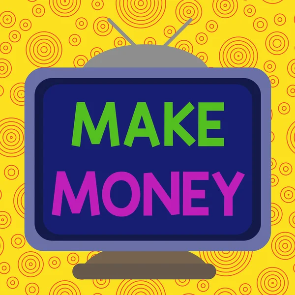 Text sign showing Make Money. Conceptual photo making a profit or giving the opportunity to make a profit Square rectangle old multicoloured painting television picture wood design.