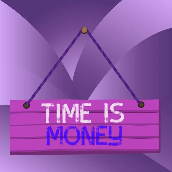 Rukopis Time Is Money. Koncept znamená lepší dělat věci co nejrychleji Nezdržujte Dřevěné prkno hřebík hřebík struny deska barevné pozadí dřevěný panel pevné. — Stock fotografie
