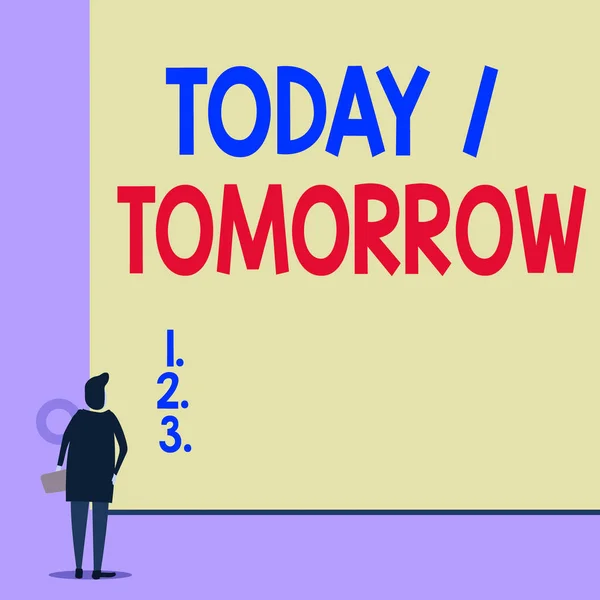 Text sign showing Today Or Tomorrow. Conceptual photo What is happening now and what the future will bring Back view young woman watching blank big rectangle. Geometrical background.