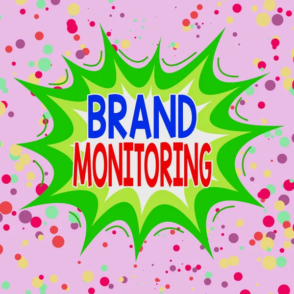 Writing note showing Brand Monitoring. Business photo showcasing process to proactively monitor the brand reputation Asymmetrical uneven shaped pattern object multicolour design.