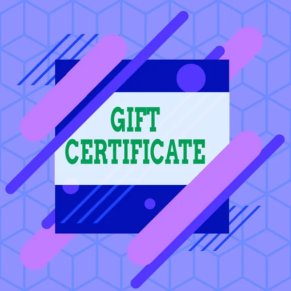 Writing note showing Gift Certificate. Business photo showcasing certificate entitling the recipient to receive goods Asymmetrical format pattern object outline multicolor design. — Stock Photo, Image