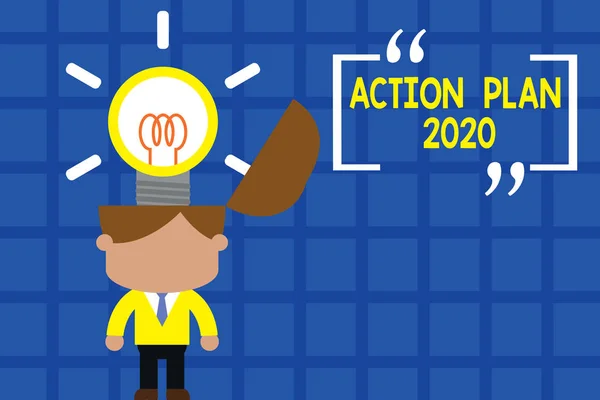 Écriture manuscrite de texte Plan d'action 2020. Concept signifiant à faire liste contiennent un certain nombre de choses à faire l'année prochaine debout homme costume cravate éclatant brillantes solutions innovantes . — Photo