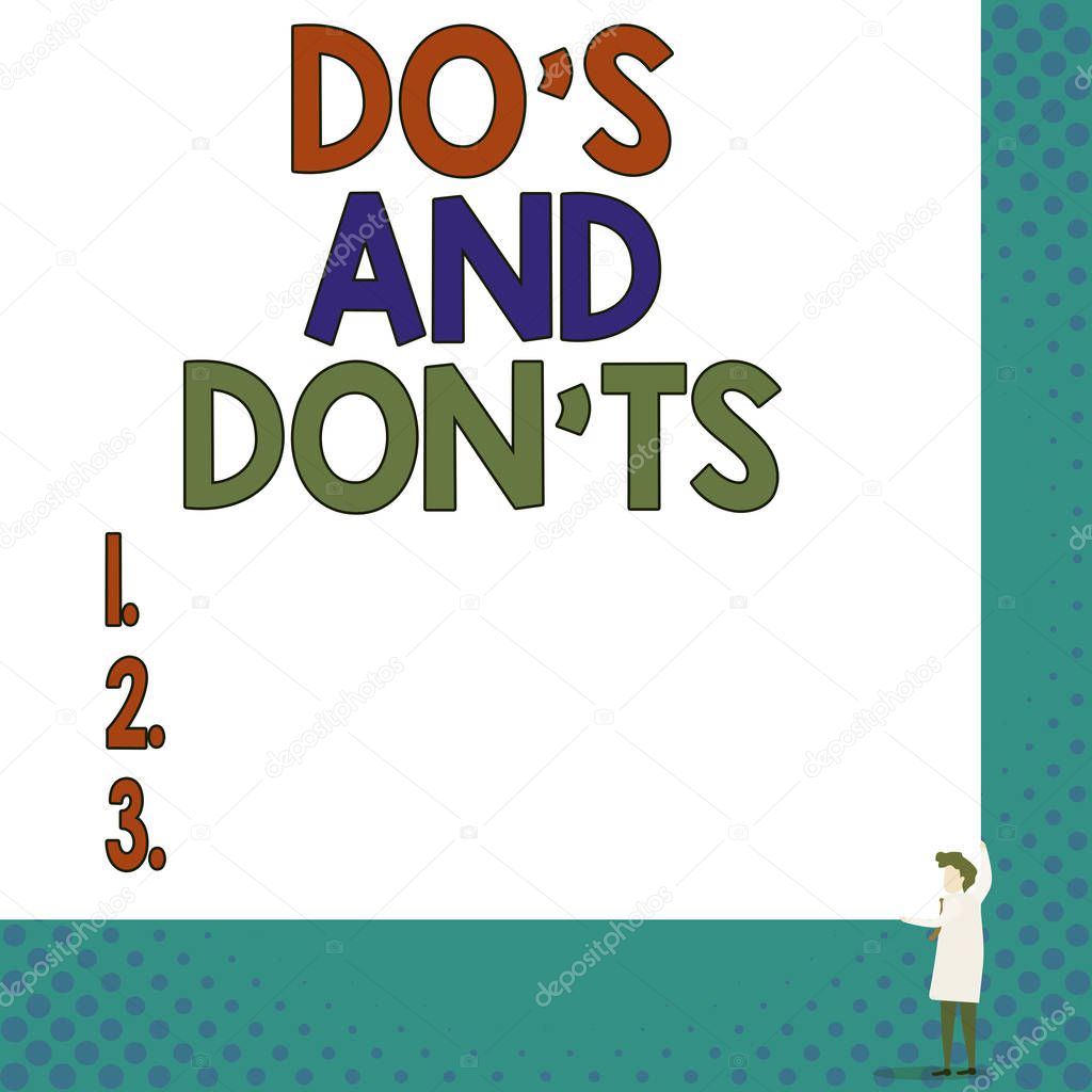 Conceptual hand writing showing Do S And Don Ts. Business photo showcasing Technologically complication of making a decision Young woman holding two hands right corner blank rectangle.