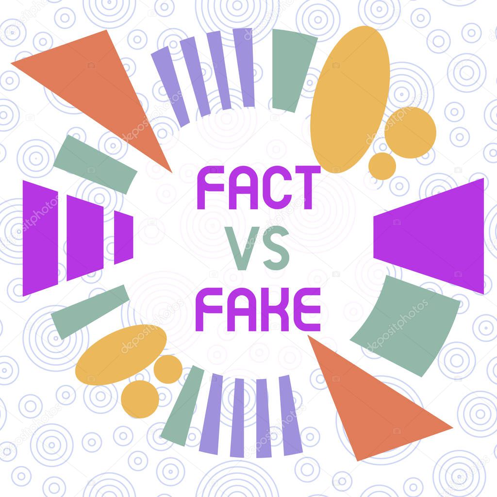 Conceptual hand writing showing Fact Vs Fake. Business photo showcasing Rivalry or products or information originaly made or imitation Asymmetrical format pattern object outline multicolor design.
