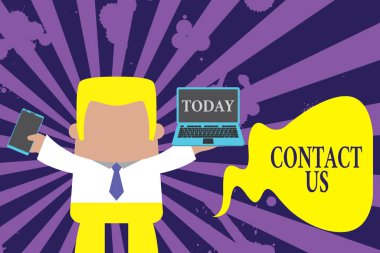 Temas Bizleri gösteren mesaj işareti. İş dünyasına erişimi tanımlamak için kullanılan kavramsal fotoğraf terimi ya da sol dizüstü bilgisayarı sağ açık cep telefonu tutan profesyonel erkek kravatı.