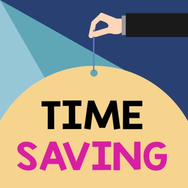 Writing note showing Time Saving. Business photo showcasing the act of reducing the amount of time needed to do something Male hand arm needle punching big blank balloon geometrical background. clipart
