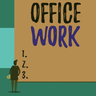 Ofis çalışmalarını gösteren bir mesaj. Bir organizasyon için herhangi bir idari ya da katiplik işi boş büyük dikdörtgen izleyen genç bir kadının kavramsal fotoğrafı. Geometrik arkaplan.