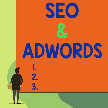 Seo And Adwords 'i gösteren bir not yazıyorum. İş fotoğrafı gösterimi Dijital pazarlama başına öde Google Adsense arka plan görüntüsü boş büyük dikdörtgen izleyen genç kadın.