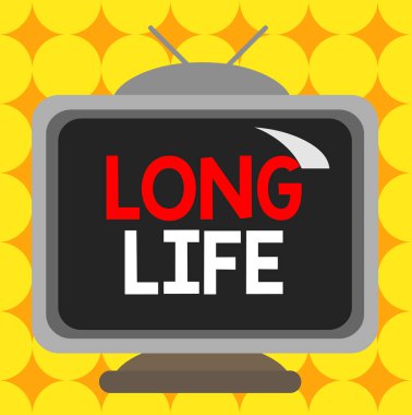 Uzun Yaşamı gösteren kavramsal el yazısı. İş fotoğrafı metni, renkli duvardaki gerçek dışı karikatür tahtasını aynı tür kare dikdörtgeninden daha uzun süre çalıştırabilir..