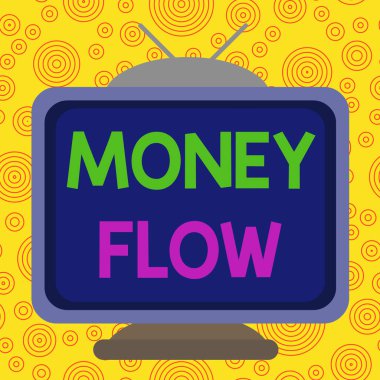 Para akışını gösteren mesaj işareti. Kavramsal fotoğraf para miktarındaki artış veya azalma İş Meydanı dikdörtgeni eski renkli televizyon resmi ahşap tasarımı.