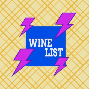 Şarap Listesini gösteren bir not yazıyorum. Satın alınmak üzere şarap seçimleri için iş fotoğrafı görüntüleme menüsü genellikle bir restoranda asimetrik format desenli nesne ana hatları çok renkli tasarım.