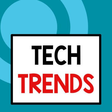 Teknoloji eğilimlerini gösteren kavramsal el yazısı. Yakın zamanda popüler olan ve kabul gören iş fotoğrafı teknolojisi. Büyük boş dikdörtgen soyut geometrik arkaplanı kapat.