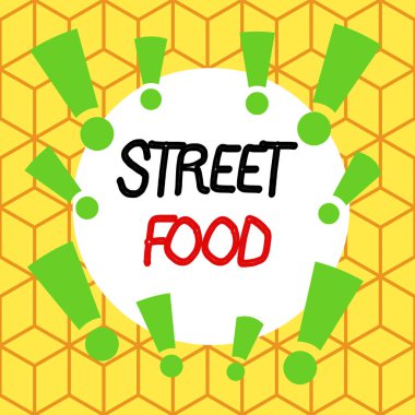 Sokak Yemeği 'ni gösteren bir yazı. Bir sokakta ya da diğer kamusal alanlarda satıcılar tarafından satılan kavramsal fotoğraf pişirilmiş yiyecekler asimetrik biçimsiz şekil nesne ana hatları çok renkli tasarım.