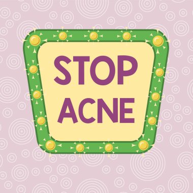 Stop Acne 'i yazan el yazısı. Kavram, ciltteki iltihaplı yağ bezlerinin oluşumunu kontrol etmek anlamına gelir. Asimetrik düzensiz biçim şekli nesne ana hatları çok renkli tasarım.