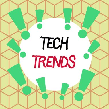 Tech Trends 'i gösteren metin işareti. Yakın zamanda popüler ve kabul gören kavramsal fotoğraf teknolojisi asimetrik biçimsiz şekil nesne ana hatları çok renkli tasarım..
