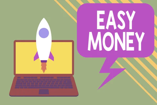 Kézírás szöveg írás Easy Money. Koncepció azt jelenti, pénz, hogy könnyen van, és néha tisztességtelenül szerzett indítása rakéta fel laptop. Indító projekt. Célkitűzések kidolgozása. — Stock Fotó