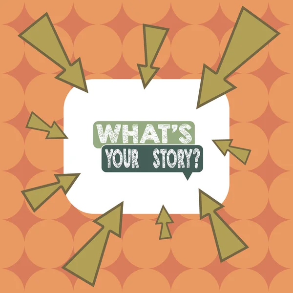 Tekst pisania słów What S Is Your Story question. Koncepcja biznesowa dla bycia pytanym przez kogoś o moją podróż Asymetryczny nierównomierny kształt szablonu obiektu zarys wielobarwnego projektu. — Zdjęcie stockowe