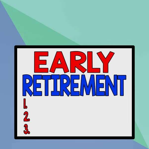 Text sign showing Early Retirement. Conceptual photo practice of leaving employment before the statutory age Front close up view big blank rectangle abstract geometrical background.