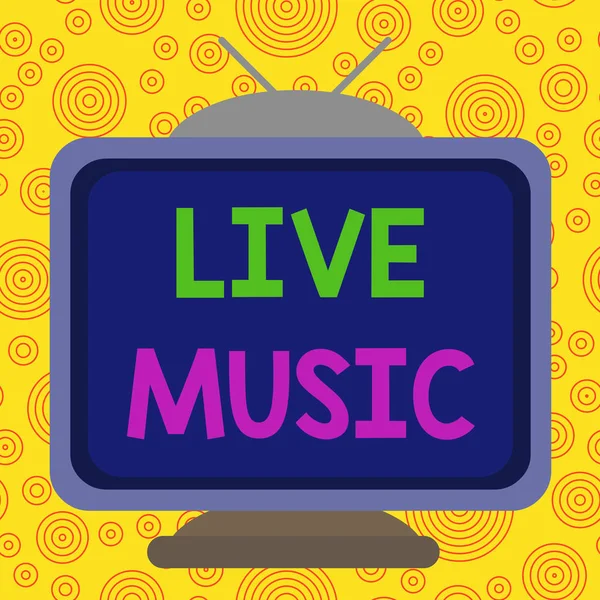 Text sign showing Live Music. Conceptual photo perforanalysisce given by one or more singers or instrumentalists Square rectangle old multicoloured painting television picture wood design. — Stok fotoğraf