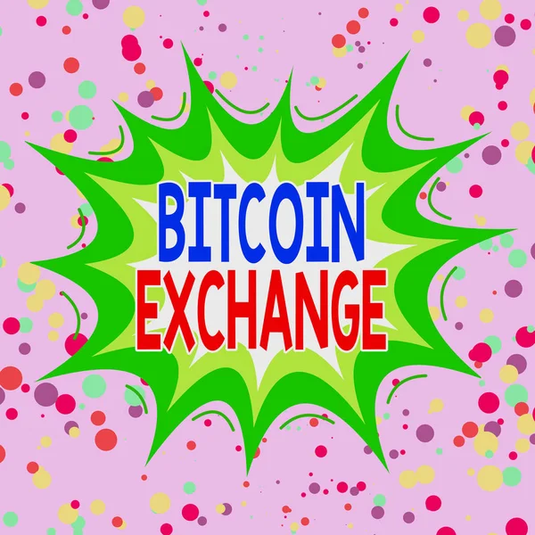 Scrittura nota che mostra Bitcoin Exchange. Business photo vetrina mercato digitale in cui i commercianti possono acquistare e vendere bitcoin asimmetrico modello irregolare oggetto design multicolore . — Foto Stock