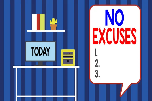 Escritura a mano sin excusas. Concepto significado no debe suceder o expresar su desaprobación de que ha sucedido Ordenador de sobremesa mesa de madera fondo estante libros flores maceta adornos . —  Fotos de Stock