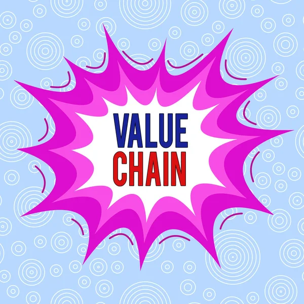 Conceptual hand writing showing Value Chain. Business photo text process or activities by which company adds value to an article Asymmetrical uneven shaped pattern object multicolour design.