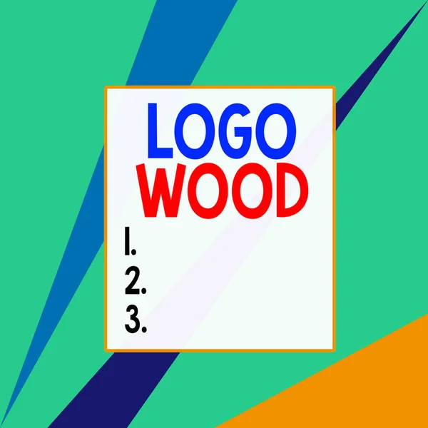 Konceptualne ręczne pismo pokazujące Logo Wood. Biznes zdjęcie tekst Rozpoznawalny design lub symbol firmy wpisane na drewno kwadratowy prostokątny ładunek arkusza papieru z pełnym motywem wzoru. — Zdjęcie stockowe