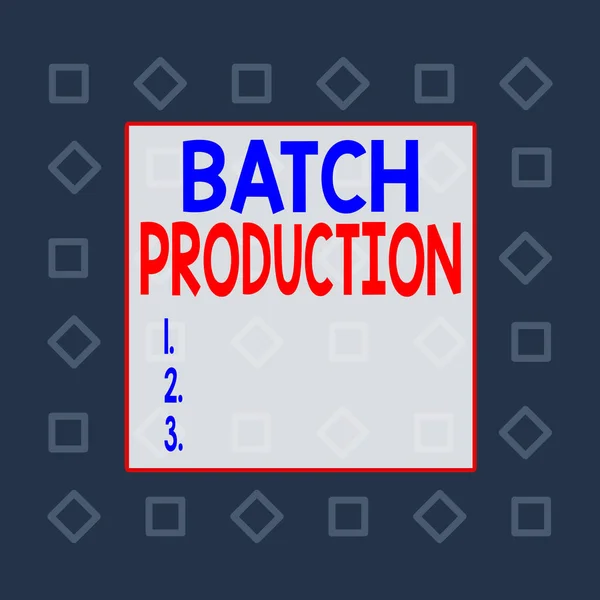 Writing note showing Batch Production. Business photo showcasing products are analysisufactured in groups called batches Square rectangle paper sheet loaded with full creation of pattern theme. — Stockfoto