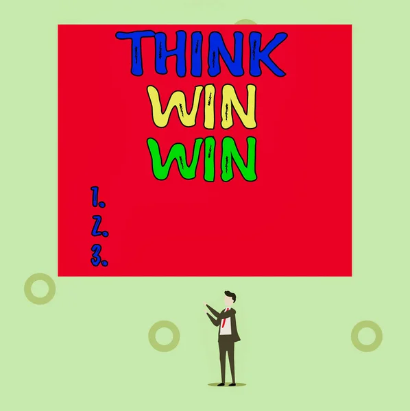 Word írás szöveg Think Win Win. Üzleti koncepció az üzleti stratégia verseny kihívás Út a sikerhez Elszigetelt nézet fiatal férfi áll felfelé mutató két kéz nagy téglalap. — Stock Fotó