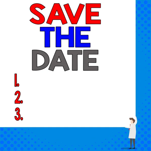 Conceptual hand writing showing Save The Date. Business photo showcasing Systematized events Scheduled activity Recorded Filed Young woman holding two hands right corner blank rectangle. — 图库照片