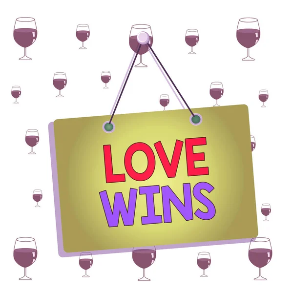 Text sign showing Love Wins. Conceptual photo used to celebrate or commemorate the victory of marriage equality Colored memo reminder empty board blank space attach background rectangle. — Stock Photo, Image