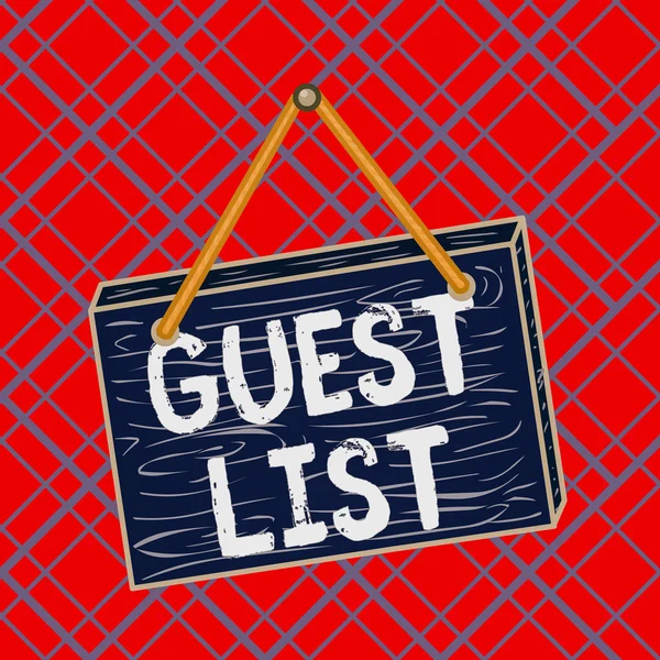 Writing note showing Guest List. Business photo showcasing a list of showing who are allowed to enter the show or an event Square rectangle unreal cartoon wood on the coloured wall. — Stock Photo, Image