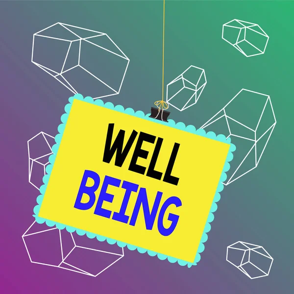 Word writing text Well Being. Business concept for A good or satisfactory condition of existence including health Stamp stuck binder clip paper clips square color frame rounded tip sticker.