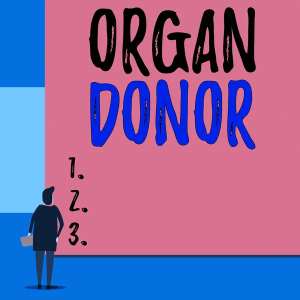 Text sign showing Organ Donor. Conceptual photo the act of donating an organ to a demonstrating needed a transplant Back view young woman watching blank big rectangle. Geometrical background.