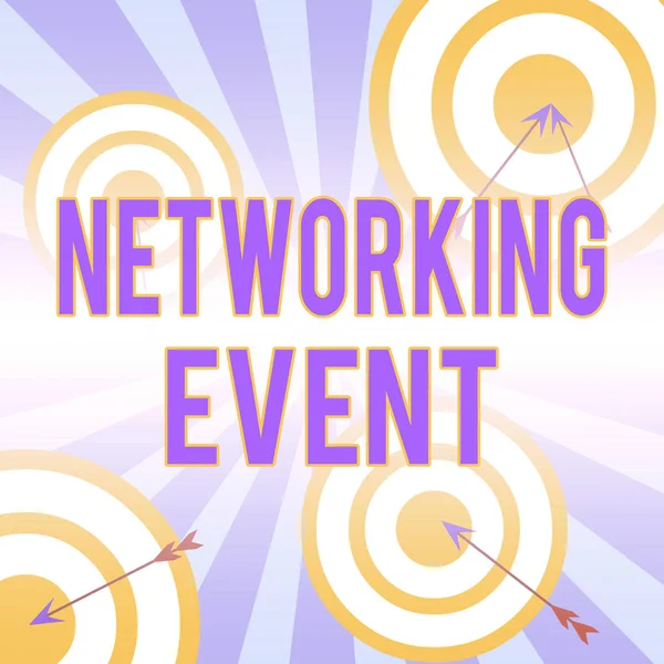 Writing note showing Networking Event. Business photo showcasing Developing and using contacts made in business for purposes Arrow and round target asymmetrical shape multicolour design.