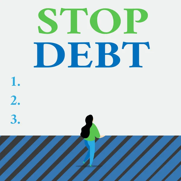 Writing note showing Stop Debt. Business photo showcasing does not owning any money or things to any individual or companies Lengthy hairstyle woman stand with one leg lifted in back view position. — Stock Photo, Image